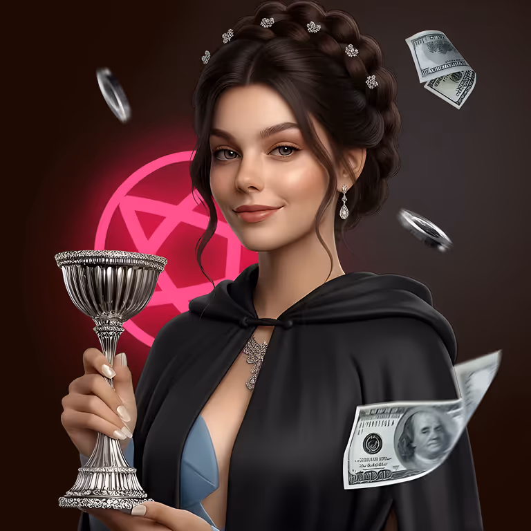 Elegant woman in a dark cloak holding a silver goblet with dollar bills floating nearby.