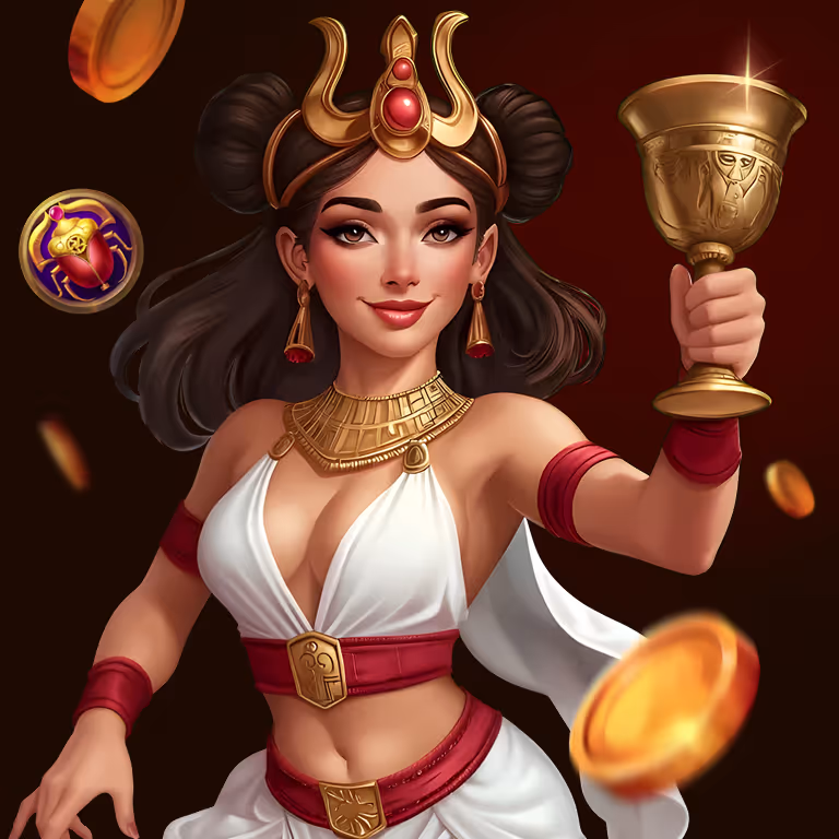Egyptian-themed woman raising a golden chalice with coins floating around her.