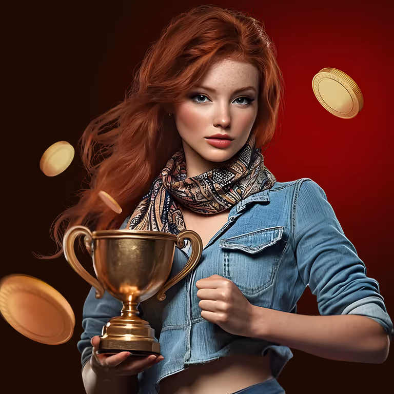 Red-haired woman in denim holding a trophy with gold coins floating around.