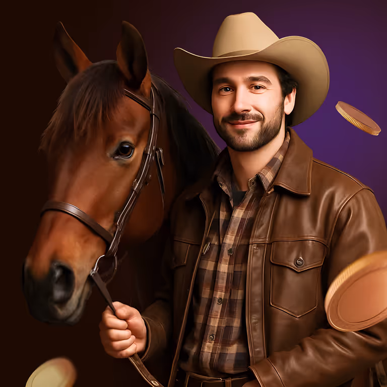Cowboy standing beside a horse with gold coins floating around them.