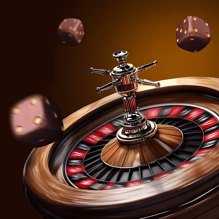 Close-up of a spinning roulette wheel with dice suspended in midair.